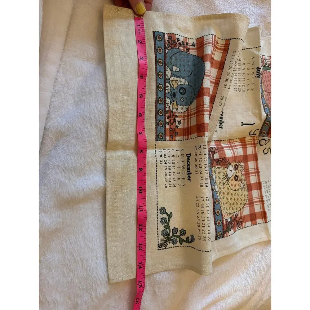 Vintage 1985 Calendar Linen Tea Towel Helen Kish Folk Art Animals Rabbit Cat 80s